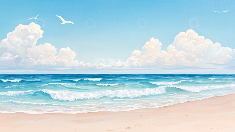 高清大图下载【趣麦麦图】海滩天空云朵的风景画