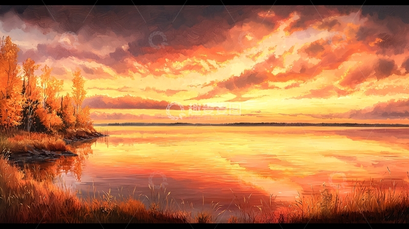 高清大图下载【趣麦麦图】壮丽的日落映照在湖面