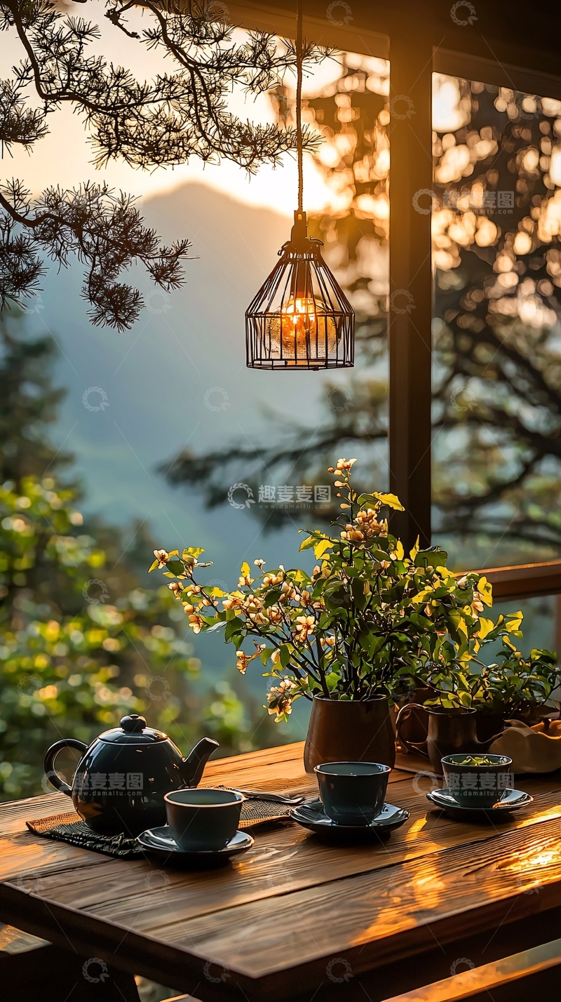 高清大图下载【趣麦麦图】夕阳下茶室的宁静