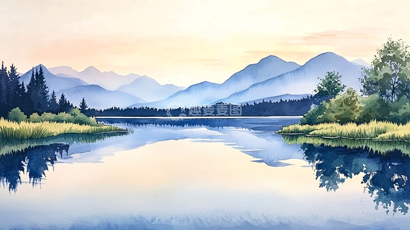 高清大图下载【趣麦麦图】宁静的湖面山水画