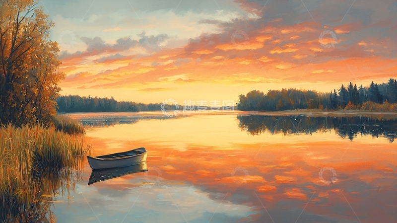 高清大图下载【趣麦麦图】湖面平静的日落美景