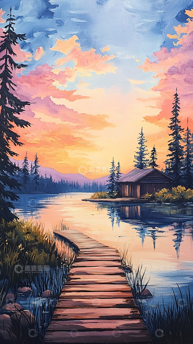 高清大图下载【趣麦麦图】宁静湖畔小屋日落美景