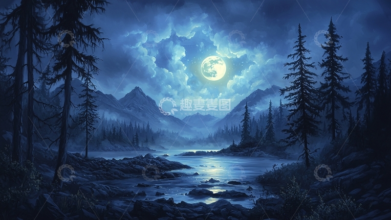高清大图下载【趣麦麦图】夜间森林湖泊月光