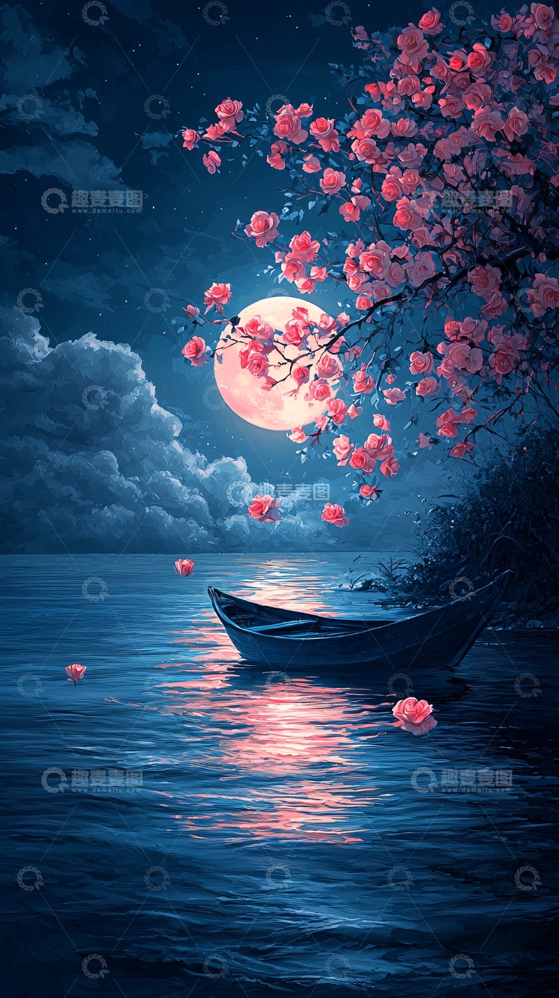 高清大图下载【趣麦麦图】月夜花树小船水面倒影