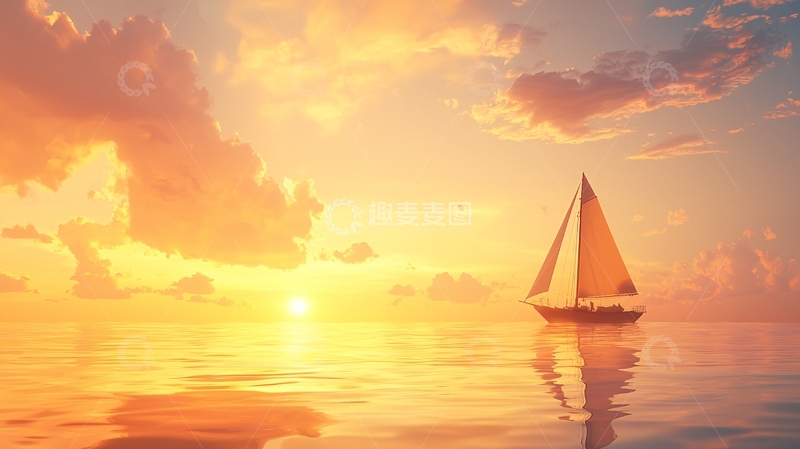 高清大图下载【趣麦麦图】金色夕阳下的帆船