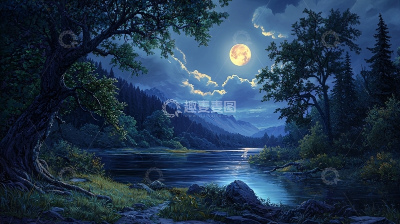 高清大图下载【趣麦麦图】月光下宁静的湖边景色