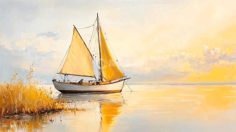 高清大图下载【趣麦麦图】金色帆船平静湖面