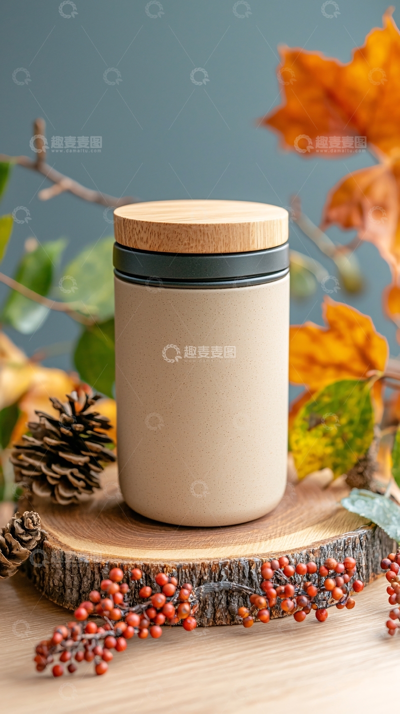 高清大图下载【趣麦麦图】米色罐子和秋叶