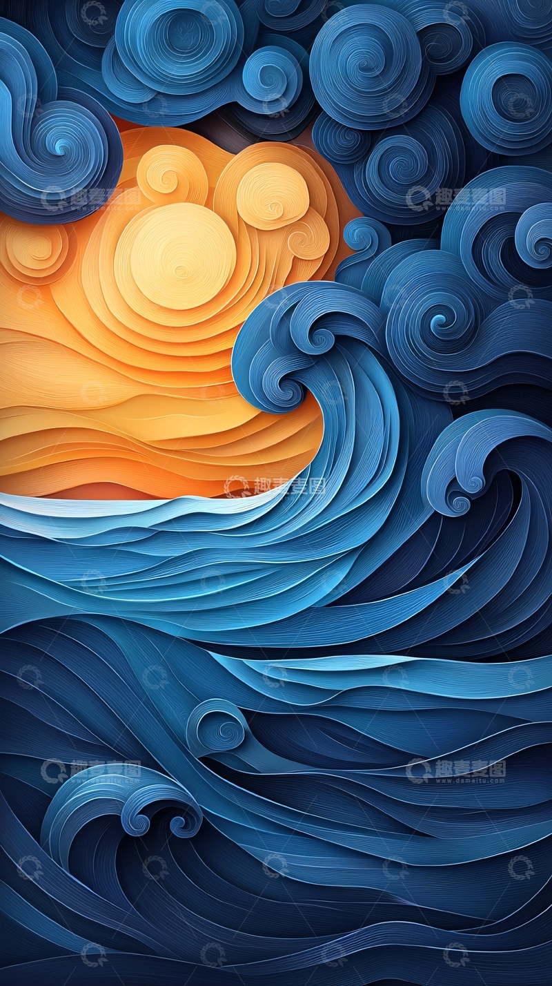 高清大图下载【趣麦麦图】蓝色海浪下的夕阳