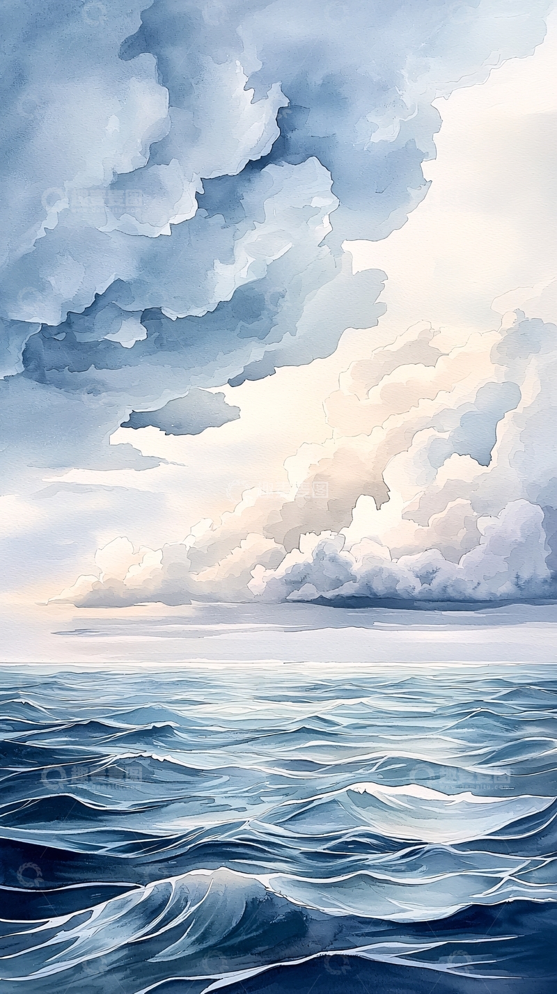 高清大图下载【趣麦麦图】水彩风格的海洋天空