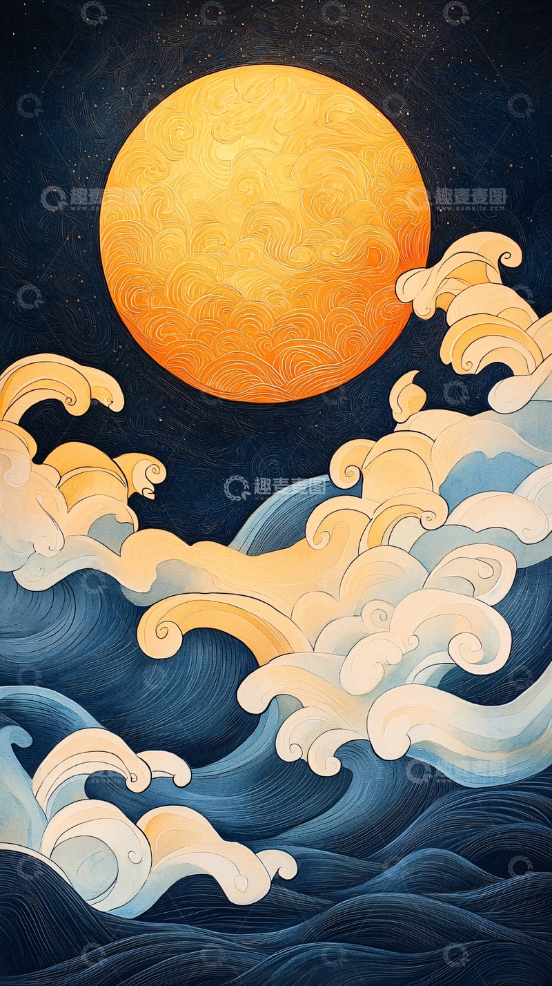 高清大图下载【趣麦麦图】月亮升起在海面上