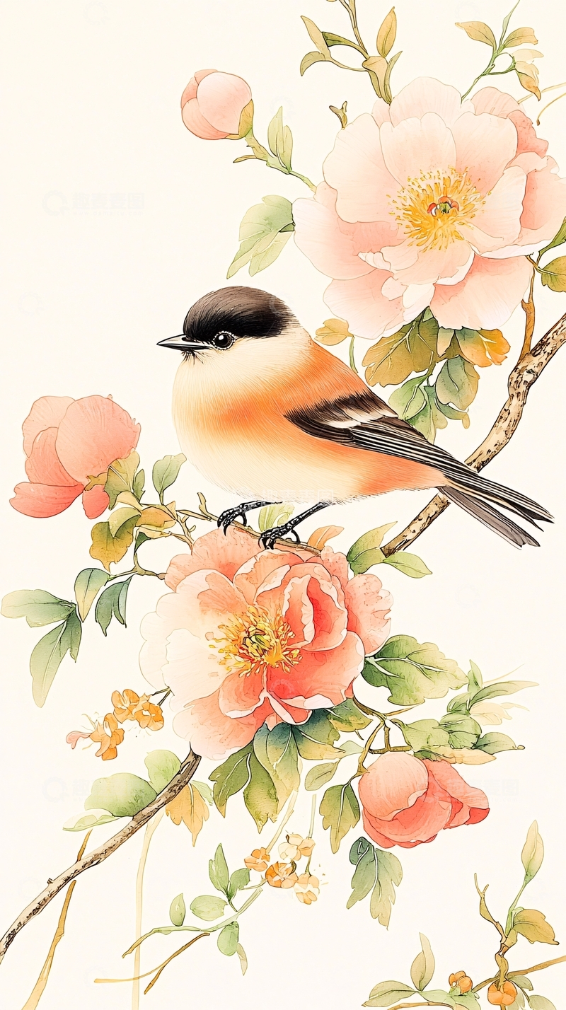 高清大图下载【趣麦麦图】鸟儿栖息在花丛中