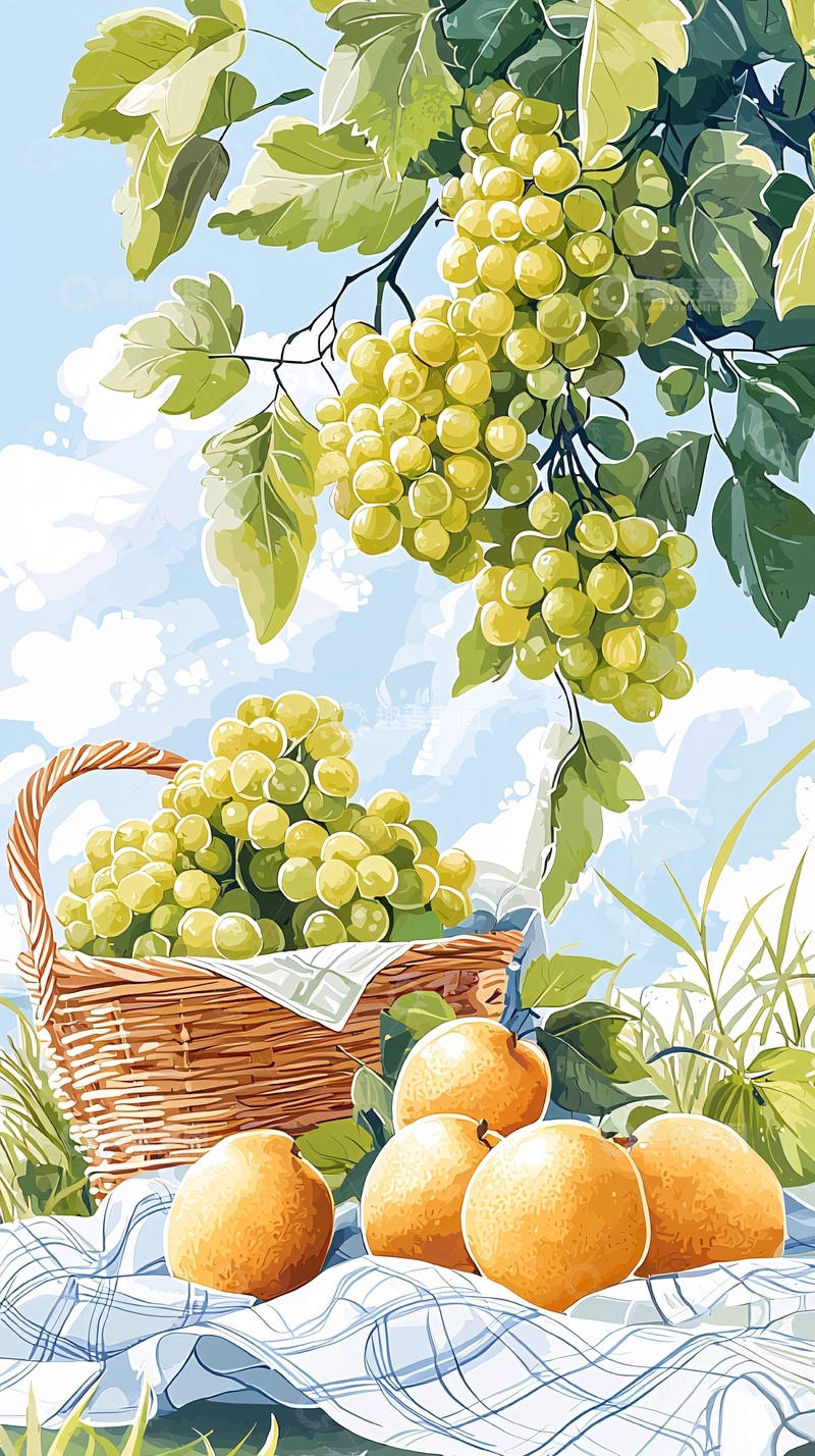 高清大图下载【趣麦麦图】一篮葡萄和几个梨子的静物画