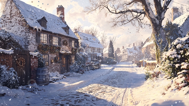 高清大图下载【趣麦麦图】雪后村庄的宁静景象