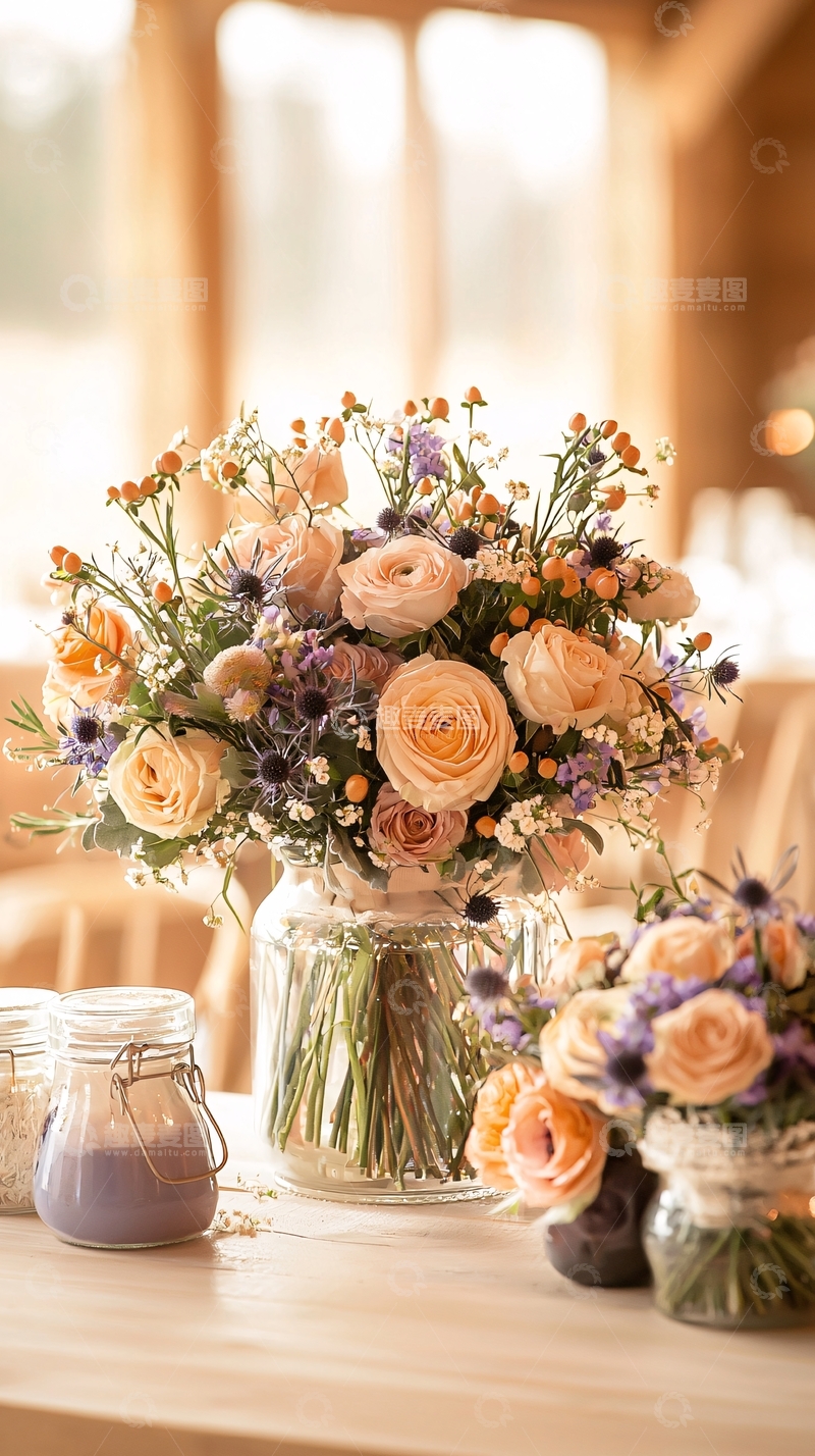 高清大图下载【趣麦麦图】浅色玫瑰和紫色小花的桌面花束