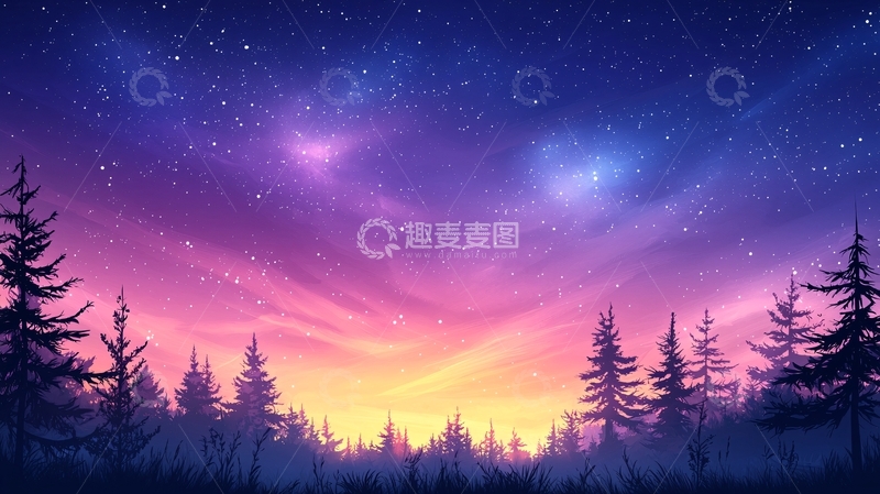 高清大图下载【趣麦麦图】星空下的森林景色