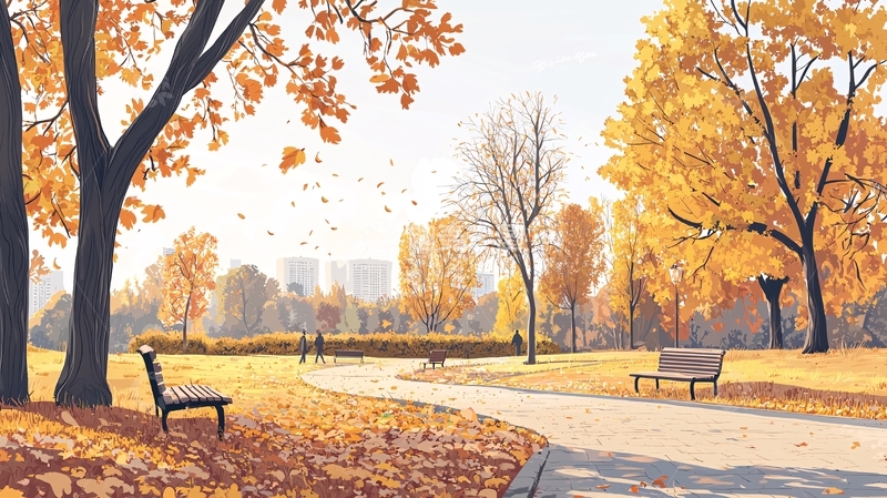 高清大图下载【趣麦麦图】秋日公园落叶金黄