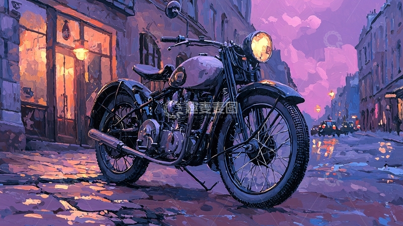 高清大图下载【趣麦麦图】复古摩托车街景插画