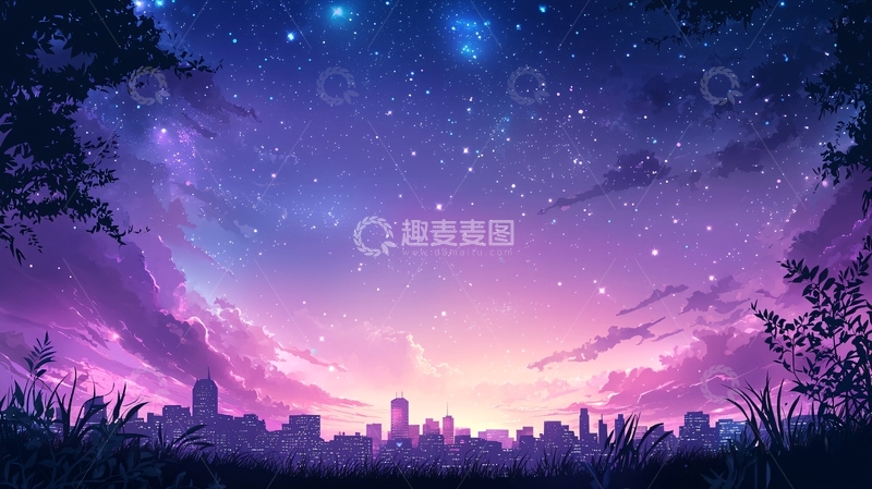 高清大图下载【趣麦麦图】绚丽星空下的城市剪影