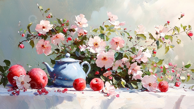 高清大图下载【趣麦麦图】粉色花朵茶壶和苹果静物