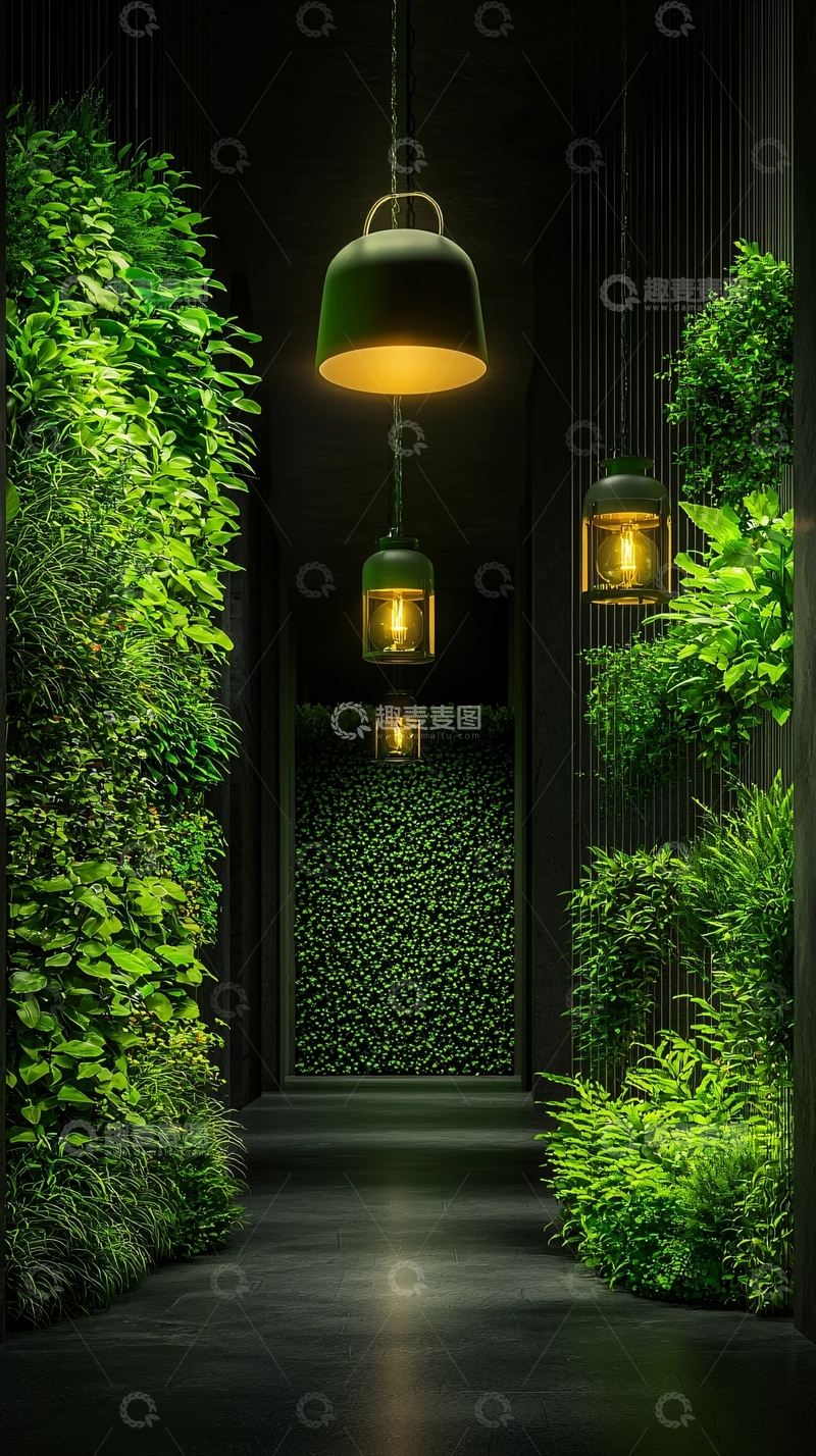 高清大图下载【趣麦麦图】绿色植物环绕的走廊灯光温暖