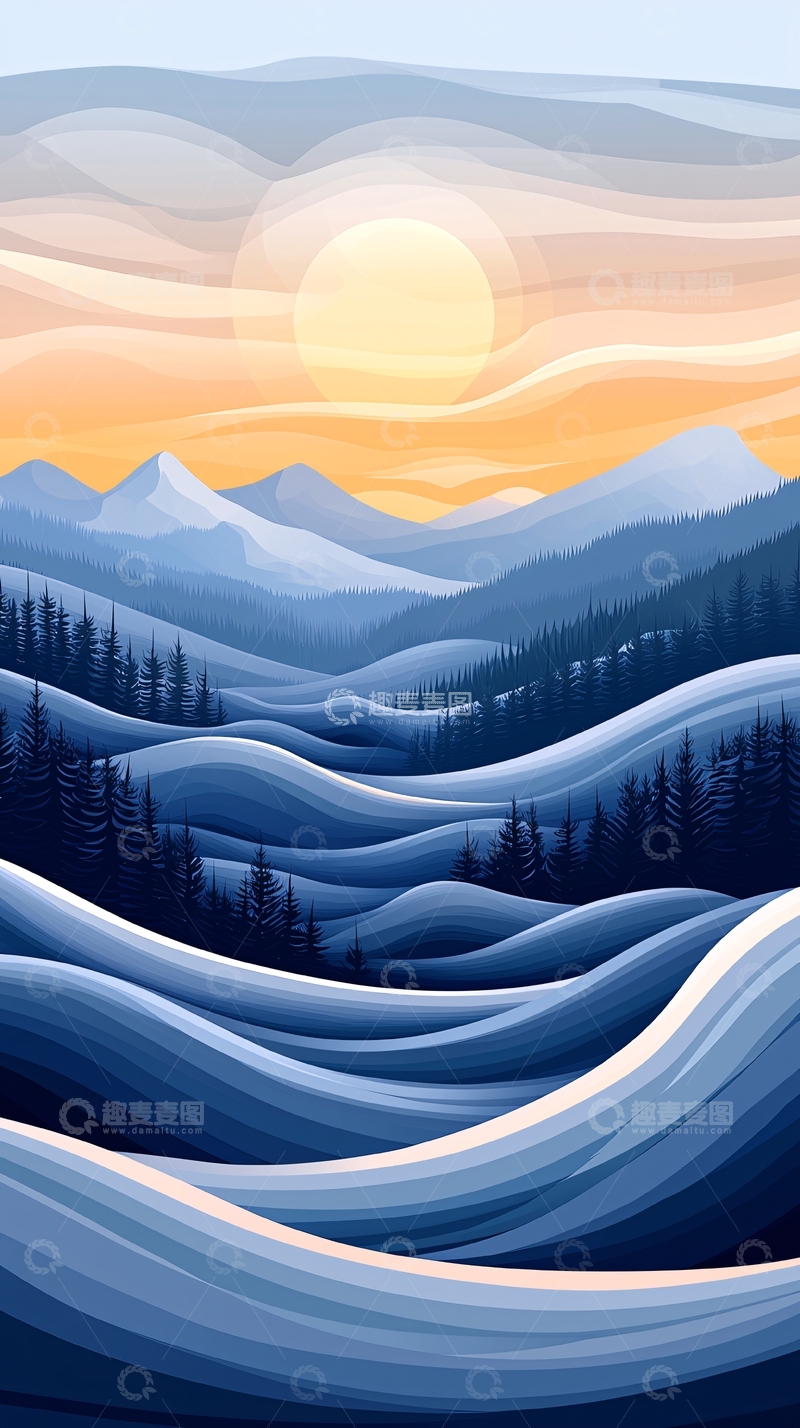 高清大图下载【趣麦麦图】蓝色山脉日落景观