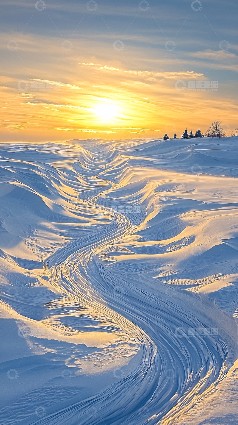 高清大图下载【趣麦麦图】雪地日出蜿蜒小路