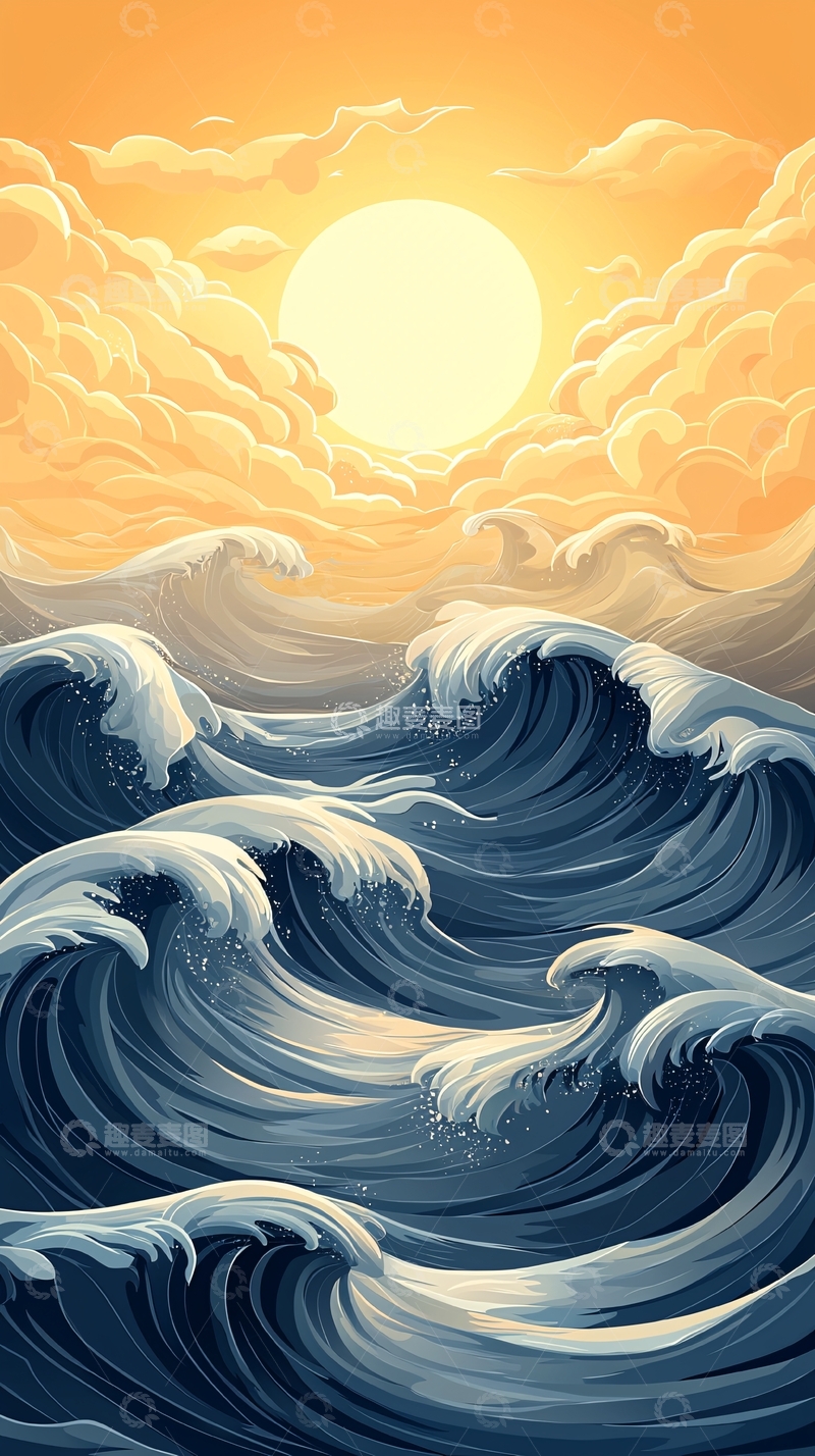 高清大图下载【趣麦麦图】金色阳光下的海浪翻滚