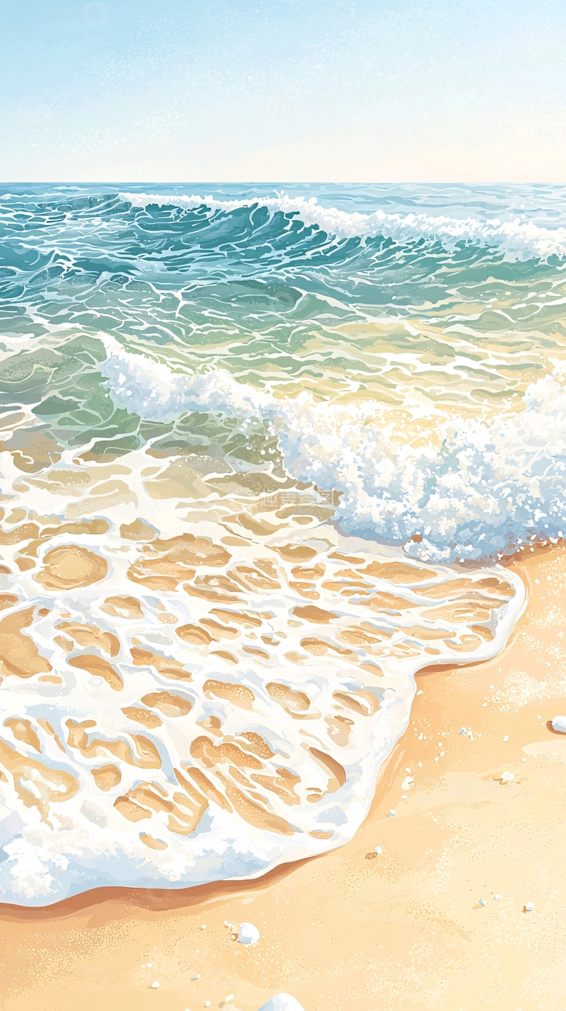高清大图下载【趣麦麦图】海滩波浪水彩画