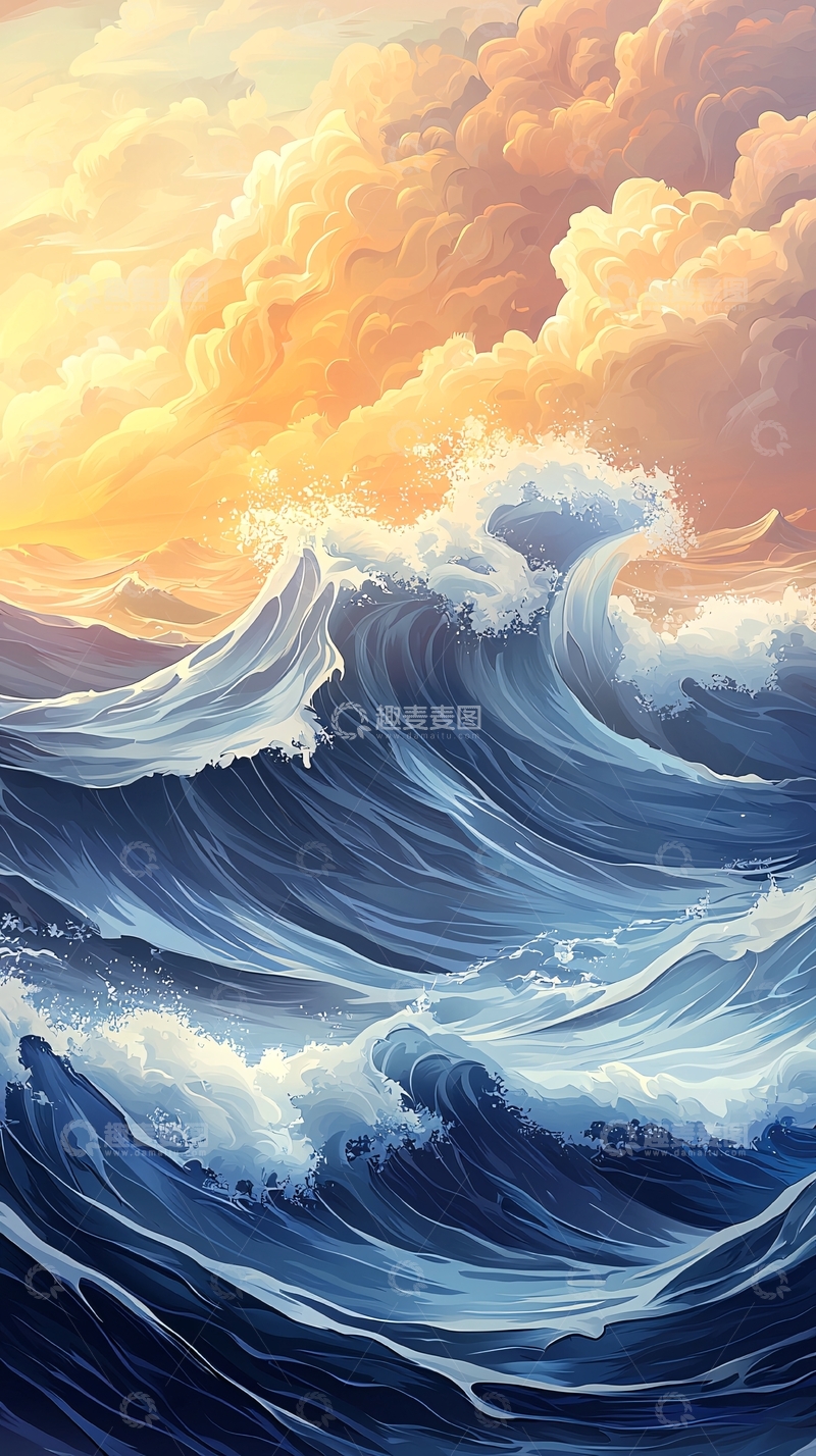 高清大图下载【趣麦麦图】海浪翻滚的金色天空