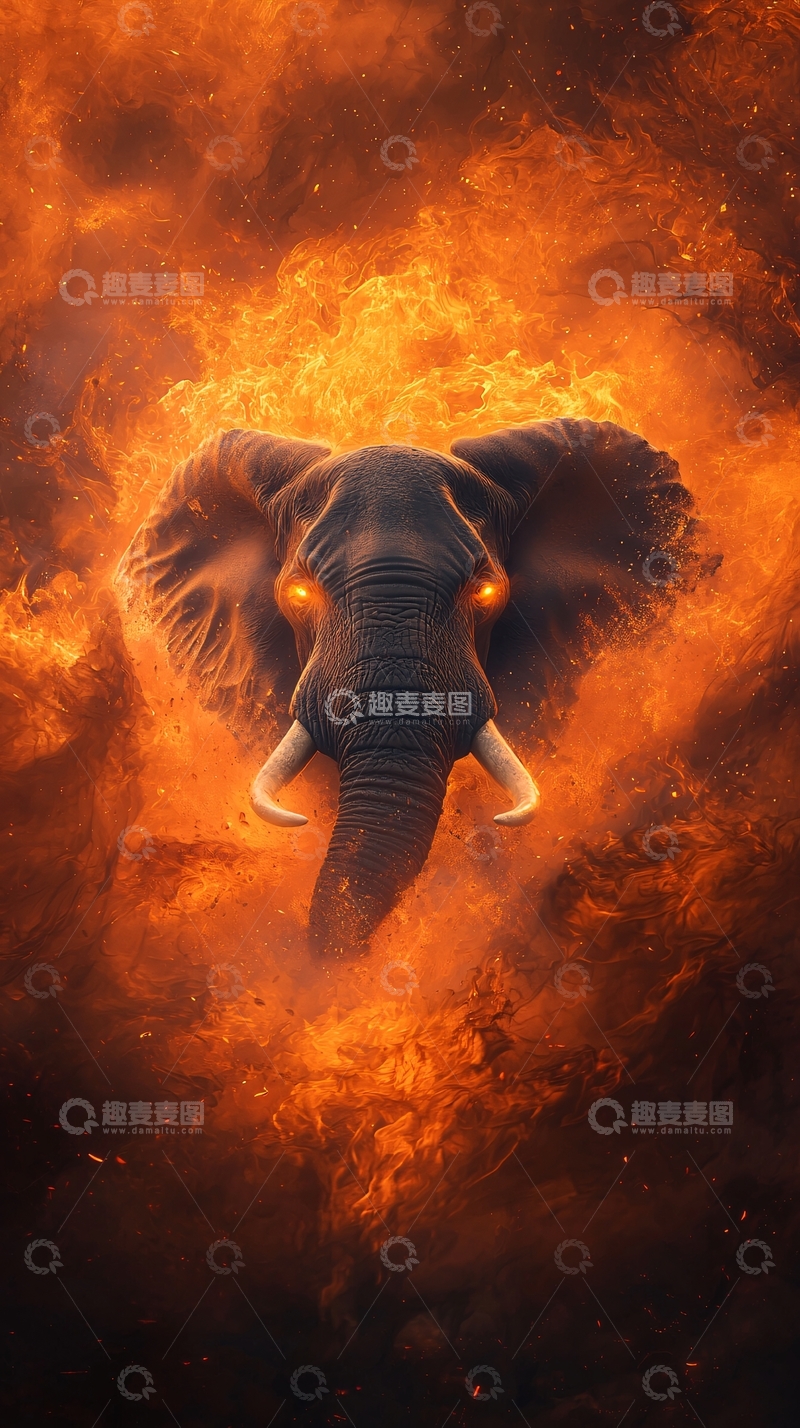 高清大图下载【趣麦麦图】燃烧的火焰中大象