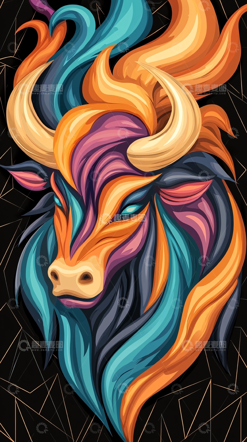 高清大图下载【趣麦麦图】彩色牛头艺术插画