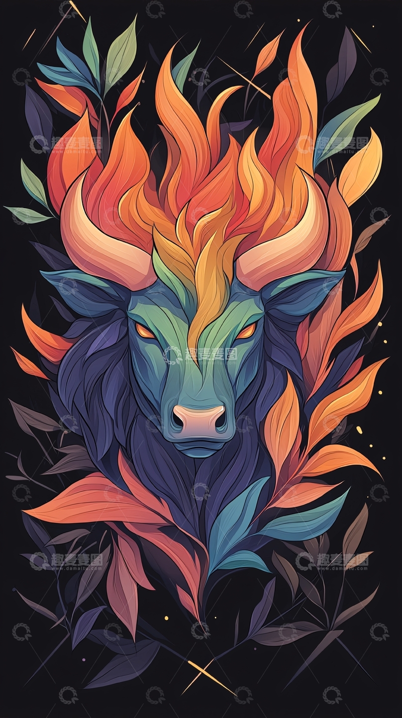 高清大图下载【趣麦麦图】火焰牛头高清图片
