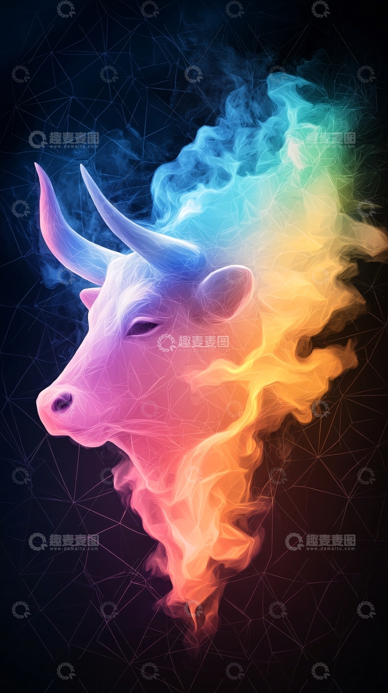 高清大图下载【趣麦麦图】彩色烟雾牛头画像