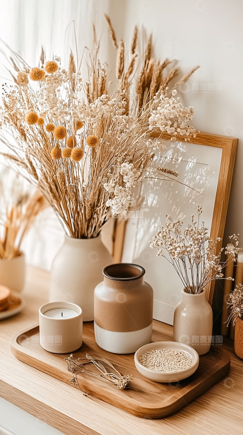 高清大图下载【趣麦麦图】米色系干燥花瓶摆件