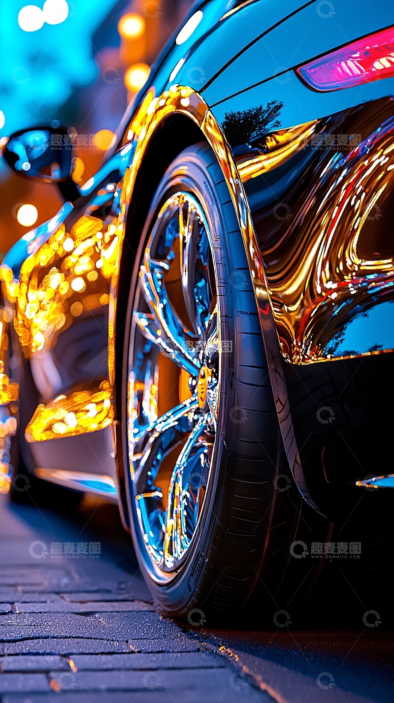 高清大图下载【趣麦麦图】-黑色汽车车轮反光特写