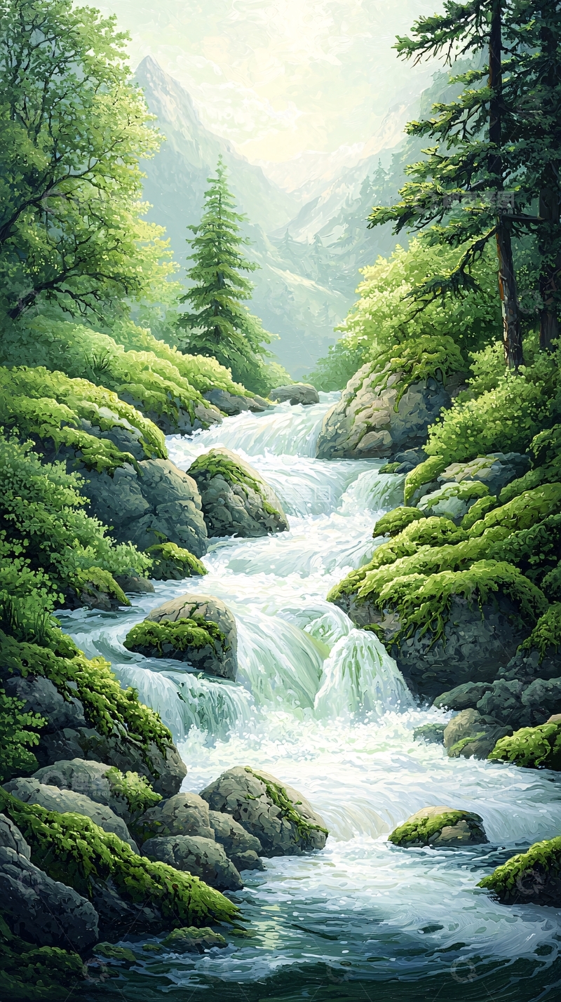 高清大图下载【趣麦麦图】绿色森林中的河流