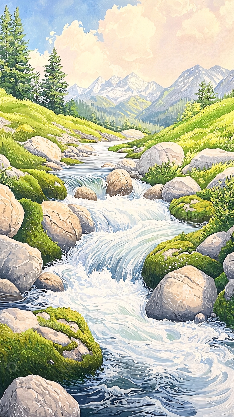 高清大图下载【趣麦麦图】山间清澈溪流的唯美插画