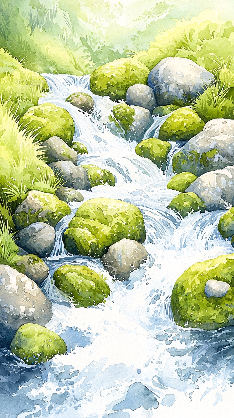 高清大图下载【趣麦麦图】水彩风格的溪流和岩石