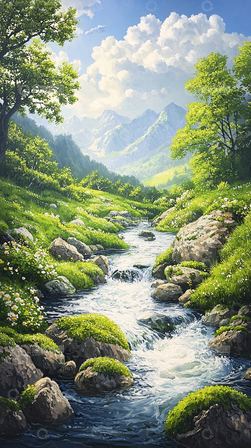 高清大图下载【趣麦麦图】山间小溪绿树蓝天白云