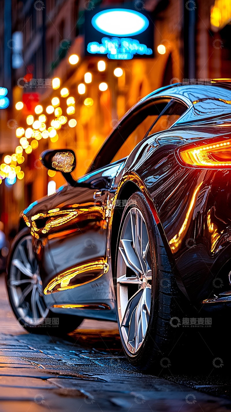 高清大图下载【趣麦麦图】黑色跑车在城市夜景中