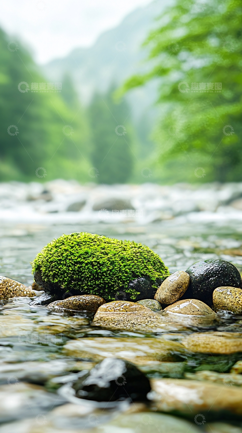 高清大图下载【趣麦麦图】溪流中的苔藓石头