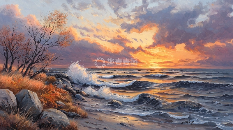 高清大图下载【趣麦麦图】海边日落金色天空
