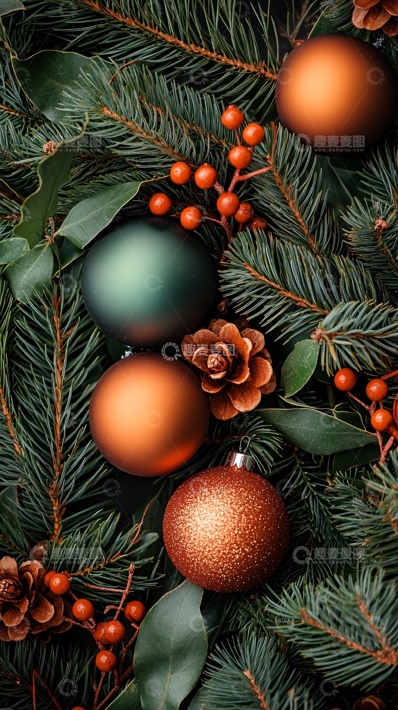 高清大图下载【趣麦麦图】圣诞装饰球与绿叶松枝