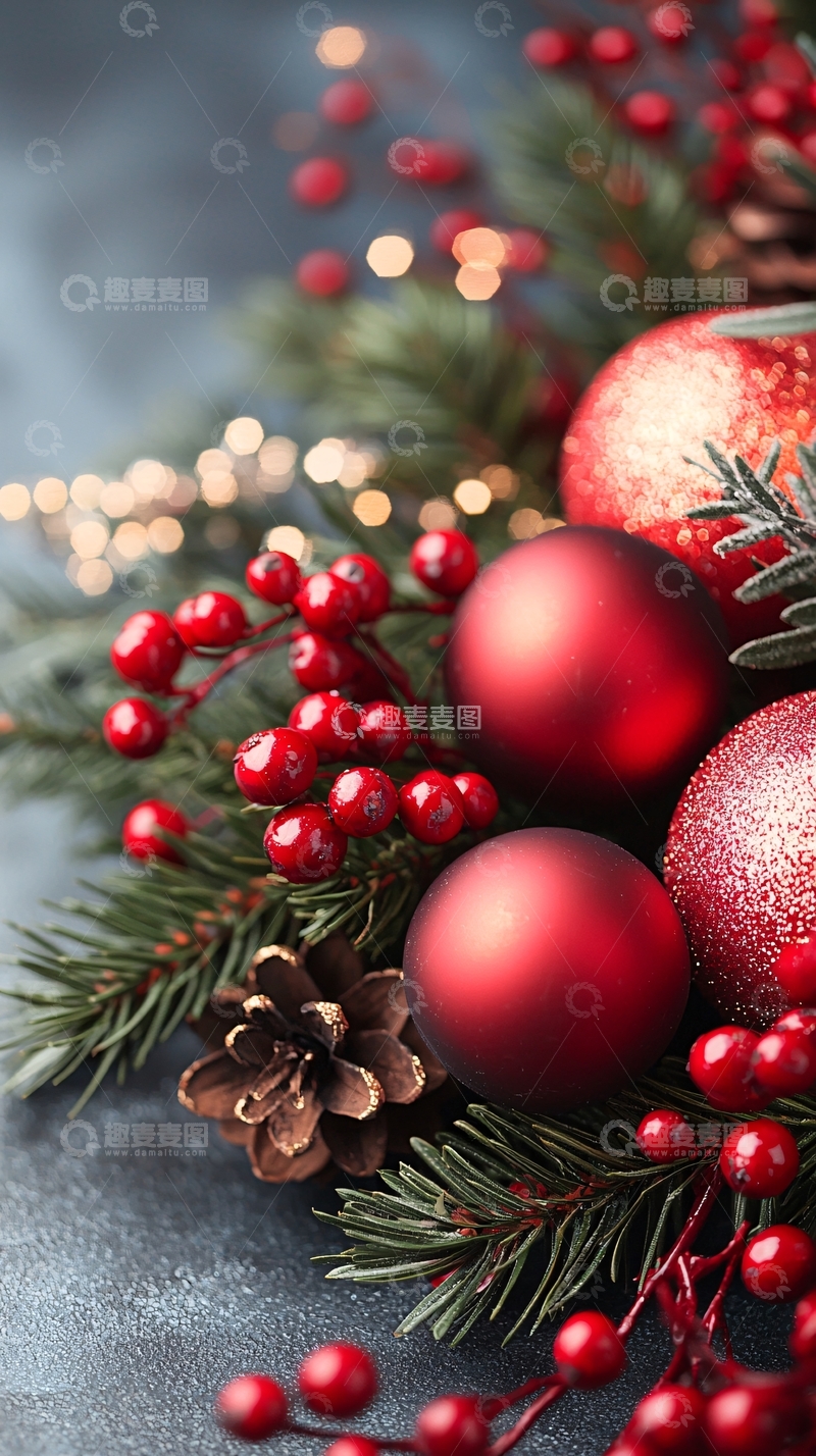 高清大图下载【趣麦麦图】红色圣诞球和冬青树枝
