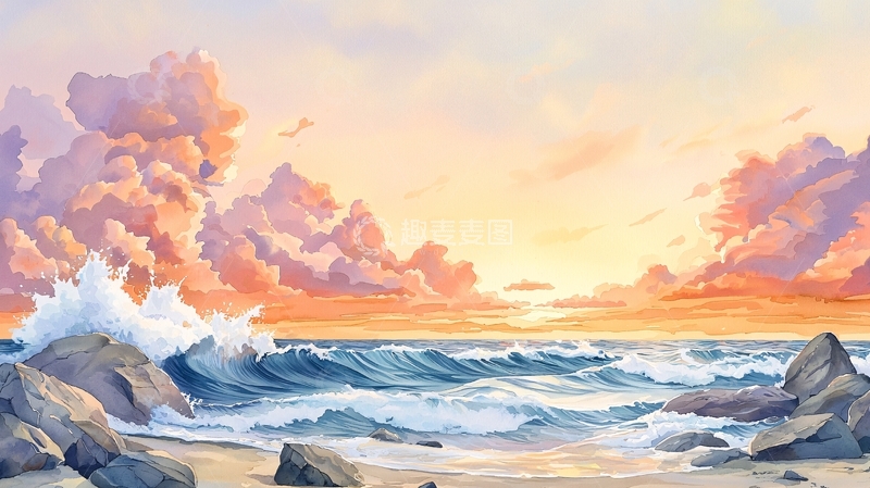 高清大图下载【趣麦麦图】唯美日落海景插画