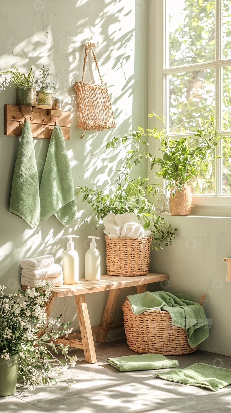 高清大图下载【趣麦麦图】清新绿色植物点缀的浴室