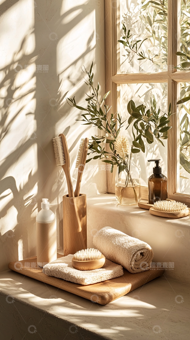 高清大图下载【趣麦麦图】阳光洒在浴室台面上的静物