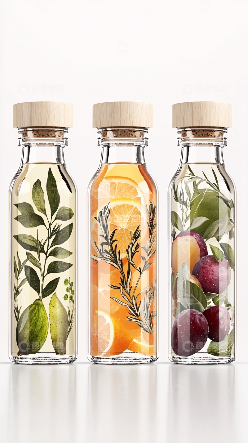 高清大图下载【趣麦麦图】透明玻璃瓶装水果草药水