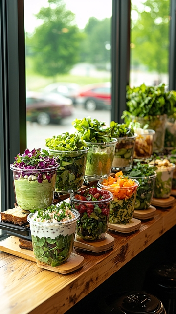 多种沙拉摆放在窗边
